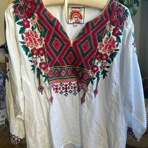 Johnny Was White Top with Red and Green Floral Embroidery